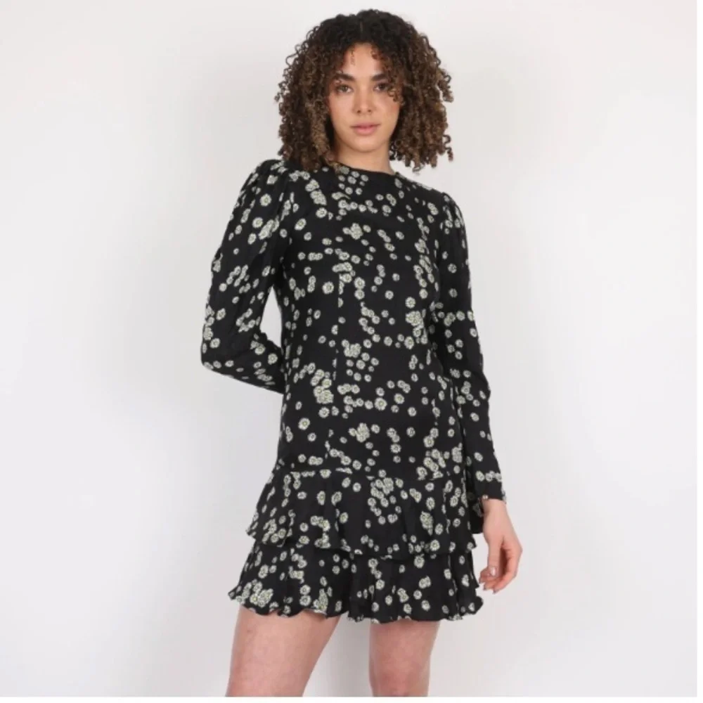 Brogger Dress Nancy Mini Ruffle Tiered Long Sleeve in Black Daisy Floral